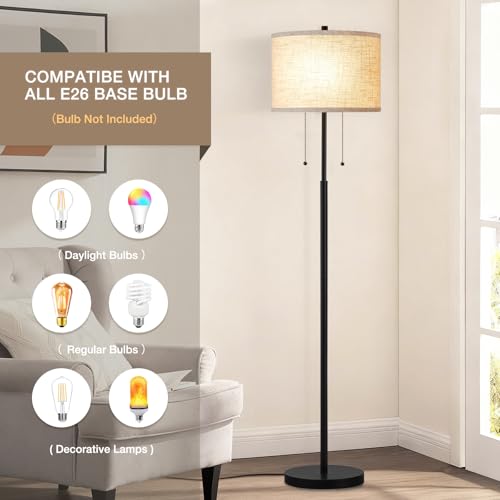 Luvkczc Floor Lamp, 62" Standing Lamp Tall Lamp with Fabric Lampshade&Pull Chain Corner Floor Lamps for Living Room, Bedroom,Office, 2 Bulb Socket - color: Black-01