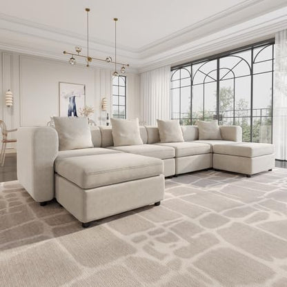 Miuuod 6 Seaters L/U Shape Oversized Sectional Sofa for Living Room,4 Seats with 2 Ottomans Extra Large Couch，Queen Sofa Bed,Deep Seat,Beige - color: Beige, style: 6 Seats（4 Seats with 2 Ottomans）