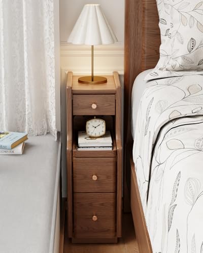 Solid Wood Narrow Nightstand with 3 Drawers,Modern Walnut,Fully Assembled | Narrow night stand,gold handles,open Shelf,skinny bedside table,slim nightstand for bedroom storage,space-saving storage - color: Walnut（15.75"d X 7.87"w X 23.62"h）
