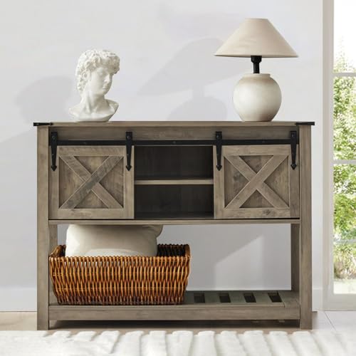 Farmhouse Entryway Table Set of 3, Console Table with Storage and 2 End Tables, Rustic Sofa Table Set for Living Room, Hallway, Bedroom, Grey - color: 3pcs-grey