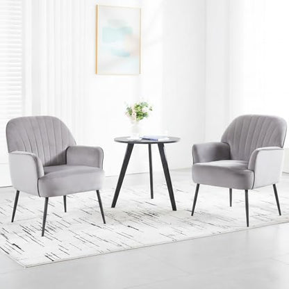 GDFStudio 25" Velvet Accent Chair with Arms and Back, Modern Shell-Shaped Upholstered Barrel Chairs, Small Comfy Reading Chair Lounge Chairs with Solid Legs for Living Room Bedroom Office Cafe, Grey - color: Grey