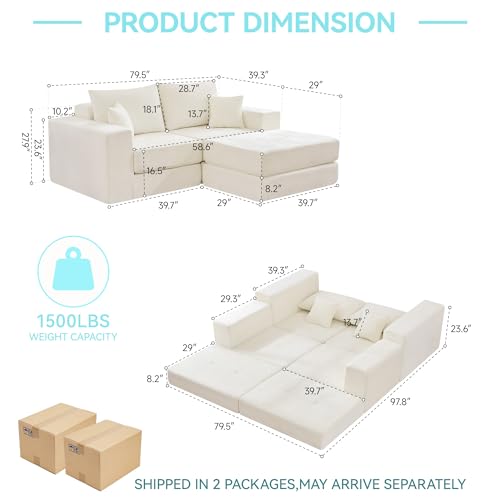 79" Boneless Cloud Loveseat Sofa, Modular Sectional Love Seat with Ottoman, Modern L-Shaped Tufted Convertible Sleeper Sofa Bed for Living Room & Small Spaces, No Assembly Required, Beige - color: Beige, size: 79.5" Tufted Boneless Loveseat