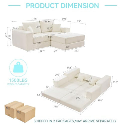 79" Boneless Cloud Loveseat Sofa, Modular Sectional Love Seat with Ottoman, Modern L-Shaped Tufted Convertible Sleeper Sofa Bed for Living Room & Small Spaces, No Assembly Required, Beige - color: Beige, size: 79.5" Tufted Boneless Loveseat