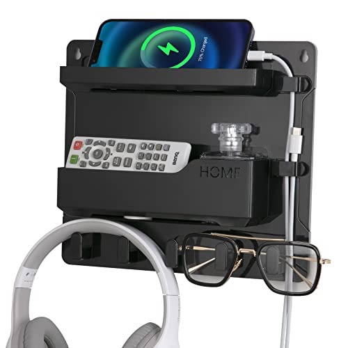 Wall Mount Shelf Organizer, Adhesive Bedside Shelf Accessories with Hooks and Cable Clips, Dorm Room Wall Storage for Phone, Remote, Earphone, Kindle, Plastic(Black) - color: Black