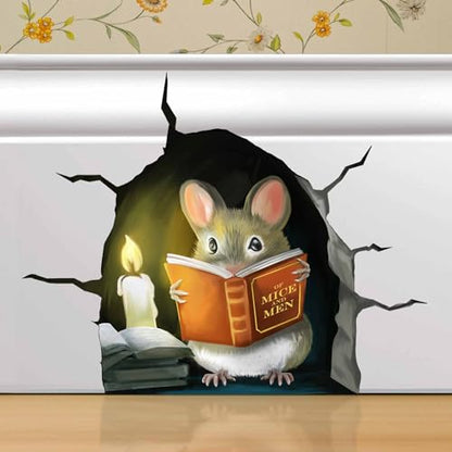 3D Mouse Reading Book in Mouse Hole, Decal Sticker, Removable Wall Decor, Book Lover Gift Idea, Baseboard, Wall Sticker Decal, Kids Room, Classroom, Library - style: Mouse Reading Book With Hole