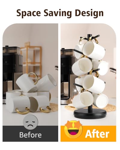Lorbro Coffee Mug Tree, 360° Rotating Wooden Mug Holder with 8 Hooks | Large Mug Friendly, Space-Saving Display, Stable Wooden Base, Easy Assembly, Coffee Bar, Kitchen Counter, Gift Ready - size: Rotatable