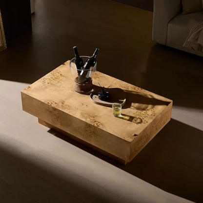 43.31" Rectangle Coffee Table with Burl Wood Veneer & Sturdy Base, Modern Luxury Wood Drum Center Table End Table Accent Side Table for Living Room, Minimalist Fluted Design, Oak - color: 43.31" Rectangle Style 2, Burl Wood Veneer