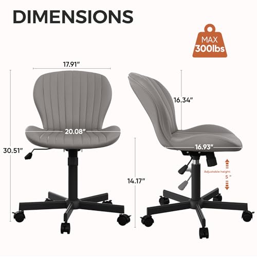 Armless Office Chair, PU Leather Office Chair with Wheels & Adjustable Height, Swivel Rocking Computer Chair, Ergonomic Soft Padded Office Chairs for Small Space, Study and Vanity, Grey - color: Grey