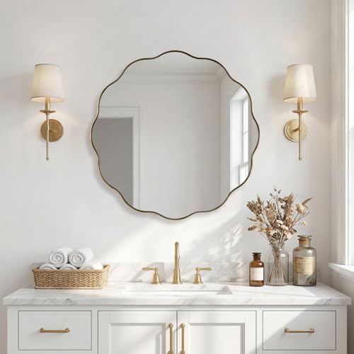 Brushed Gold Round Wall Mirror 24 Inch, Brass Round Bathroom Mirrors for Over Sink, Anti-Rust Brass Circle Frame for Bathroom, Entryway - color: Brushed Gold, size: 24"L x 24"W