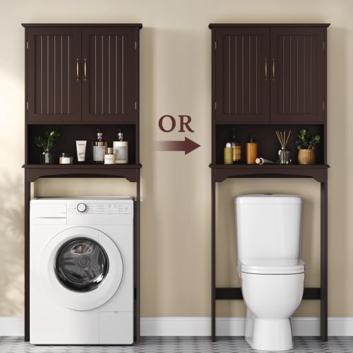 Yaheetech Over The Toilet Storage with 2 Doors & Adjustable Shelf, Free Standing Toilet Rack Wooden Space-saving Collect Cabinet, Bathroom Furniture, 9Dx24.5Wx66H Inches, Espresso | Doors Hide Clutter, Open Cubby Keeps Essentials Handy, Slim 9-Inch Depth