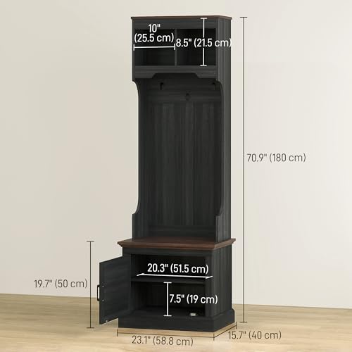 HOMCOM 3-in-1 Hall Tree with Shoe Storage, Shoe Bench, Black Wood Grain | Standing Coat Rack, Entryway Furniture, Three Hooks - color: Black Wood Grain