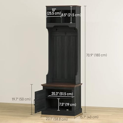 HOMCOM 3-in-1 Hall Tree with Shoe Storage, Shoe Bench, Black Wood Grain | Standing Coat Rack, Entryway Furniture, Three Hooks - color: Black Wood Grain