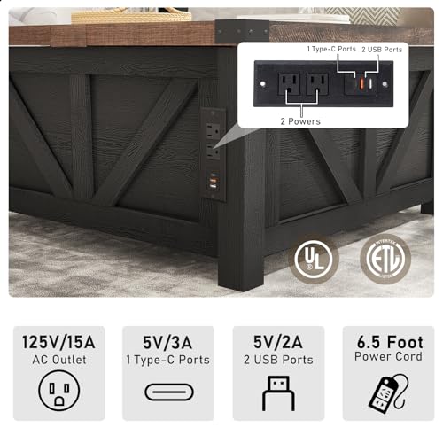 jimeimen Farmhouse Lift Top Coffee Table with Storage, Wood Square Center Table with Charging Station&USB Port, Living Room Table w/Large Hidden Space, for Living Room, Bedroom, Home Office, Black - color: Black