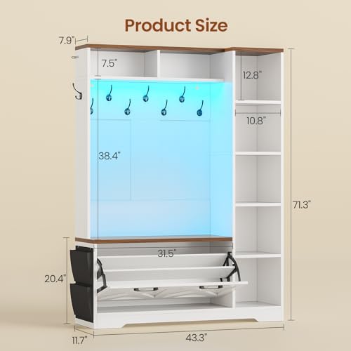 Itaar Hall Tree with Bench and Shoe Storage, Farmhouse Entryway Bench with Coat Rack, Shoe Cabinet with Flip Drawers, 7 Shelves, 10 Coat Hooks, Storage Bag, Led Lights, White - color: White, size: 11.8"D x 43.3"W x 70.9"H