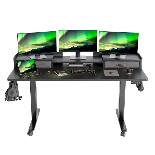 Claiks Standing Desk with Drawers & Wheels, 2 Height Shelf 63" Black | 2 height adjust shelf, tabletop drawers, felt fence design, sturdy supports 176 lbs, 4 wheels, 2 tire monitor stand - color: Black, size: 63×23.6