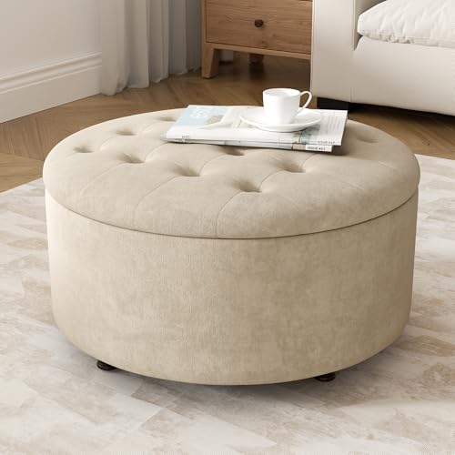 30 Inch Round Storage Ottoman,Modern Tufted Ottomans,Circular Coffee Table with Removable Top,Upholstered Large Ottoman with Storage Footrest Stool for Bedroom Living Room (Lightbrown) - color: Lightbrown, size: 30"D x 30"W x 16.9"H