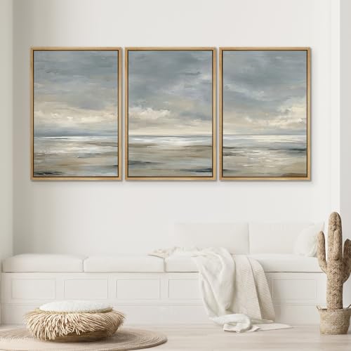 SIGNWIN Framed Wall Art Print Set Grey Wave Calm Sea Landscape Illustrations Modern Art Chic Multicolor for Living Room, Bedroom, Office - 16"x24"x3 Natural - color: A26-2601-yuk05, size: 16"x24"x3 Panels Natural