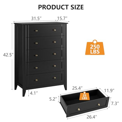 IDEALHOUSE 5 Chest of Drawer Dresser, Modern Wood Organizer Dresser Storage Cabinet with Drawers for Bedroom, Living Room, Entryway, Black | Simply 5 Drawer Dresser for Hallway Entryway, 15.8"D x 31.5"W x 42.5"H, Lacquered Storage Organizer for Living Roo