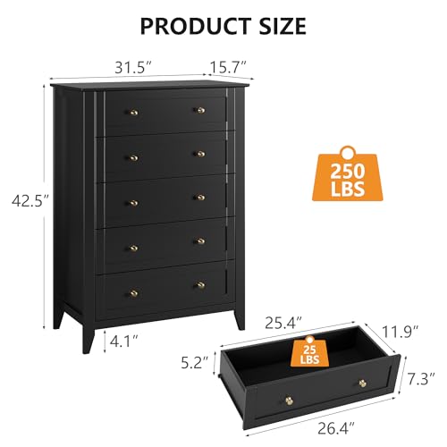 IDEALHOUSE 5 Chest of Drawer Dresser, Modern Wood Organizer Dresser Storage Cabinet with Drawers for Bedroom, Living Room, Entryway, Black | Simply 5 Drawer Dresser for Hallway Entryway, 15.8"D x 31.5"W x 42.5"H, Lacquered Storage Organizer for Living Roo