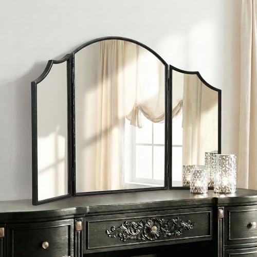 Besdomus Black Scalloped Vanity Mirror: 36"x24" Three Sided Dresser Miror | Classical Minimalist Wooden Arched 3 Way Trifold Mirror for Bedroom/Cloakroom/Dressing Room/Wall - Home Decor for Housewife - color: Black, size: 24"L x 36"W