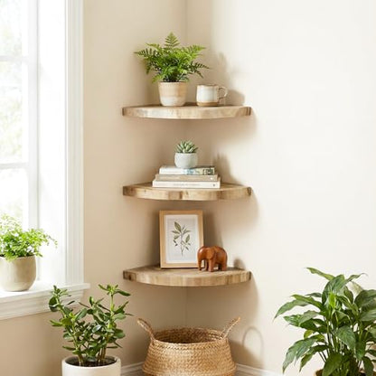 3 Pcs Small Corner Floating Shelves for Wall Solid Wood 7 Inch Rounded Corner Shelves Wall Mounted Natural Solid Elm Wood Shelf Rustic Style Wooden Hanging Shelf for Bedroom Decor(Wooden)