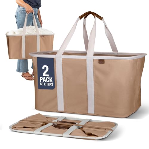 CleverMade Collapsible Laundry Tote LUXE, 50L Carry-All Tote, 2 Pack, Mocha | Bring a Polished Look to Laundry Day | Cotton-Blend Fabric and Vegan Leather Pair with Long Handles and 55 lb Support - color: LUXE Mocha