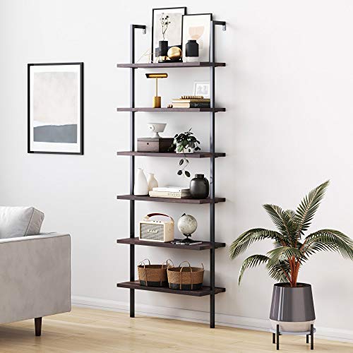 Nathan James Theo 6-Shelf Tall Bookcase, Wall Mount Bookshelf with Natural Wood Finish and Industrial Metal Frame, Nutmeg/Matte Black - color: Nutmeg/Matte Black, size: 1