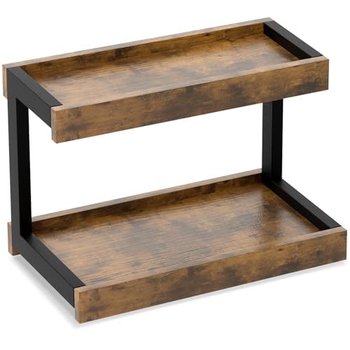 MARTY Counter Shelf Organizer, 2 Tier Spice Rack for Countertop, Brown | Coffee Bar/Station/Syrup Organizer for Countertop, 15.75''Lx8.9"W Large Desk Shelf Riser, for Kitchen Bathroom Bedroom Office - color: Rustic Brown, size: Medium