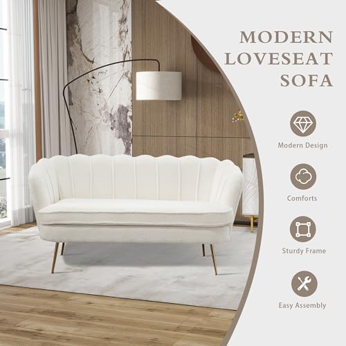 Chifee & Vingol Upholstered Small Loveseat for Small Space with Golden Legs,Ivory - color: Boucle-ivory