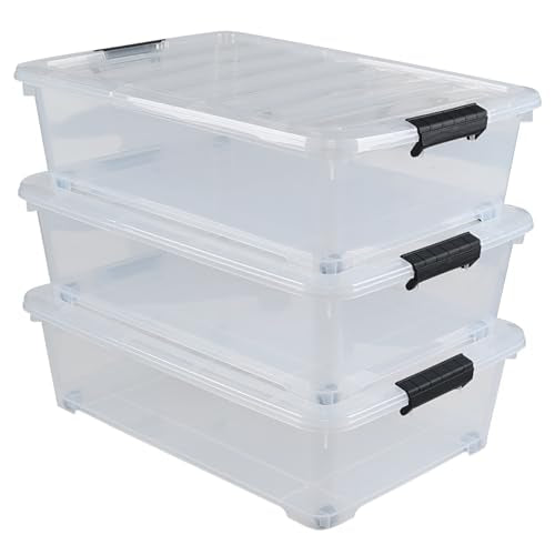 Hespama 3 Pack Plastic Rolling Storage Box Bin for Under the Bed, 20 Quart | Lidded Storage Container Bin, Clear - size: 20 Qt