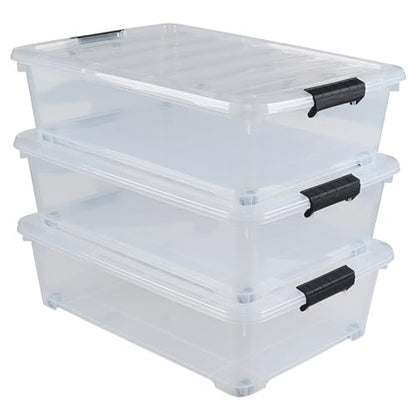 Hespama 3 Pack Plastic Rolling Storage Box Bin for Under the Bed, 20 Quart | Lidded Storage Container Bin, Clear - size: 20 Qt