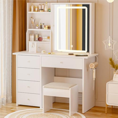 Vanity Desk with Mirror and LED Lights, Makeup Vanity Set with Power Outlet, and Stool,Jewelry Storage,White Vanity Desk for Bedroom - style: White