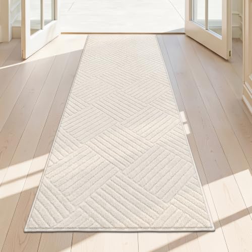 2x6 Bedroom Runner, Soft Beige Geometric Fluffy Hallway Mat | Washable Modern Hall Floor Rug, Non Slip Shaggy Boho Indoor Accent Kitchen Throw Carpet for Laundry, Entyway and Bathroom - size: 2' x 6' (Runner)