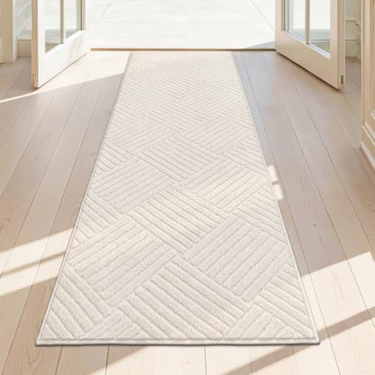 2x6 Bedroom Runner, Soft Beige Geometric Fluffy Hallway Mat | Washable Modern Hall Floor Rug, Non Slip Shaggy Boho Indoor Accent Kitchen Throw Carpet for Laundry, Entyway and Bathroom - size: 2' x 6' (Runner)
