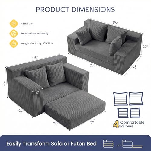 cidludto Boneless Couch Loveseat Sleeper, Convertible Sofa Bed Folding Couch Bed Foldable, 2 in 1 Boneless Chair Bed & Futon Sofa Bed, Small Pull Out Sofa with 4 Pillows for Living Room, Grey - color: Grey, size: Loveseat-55''