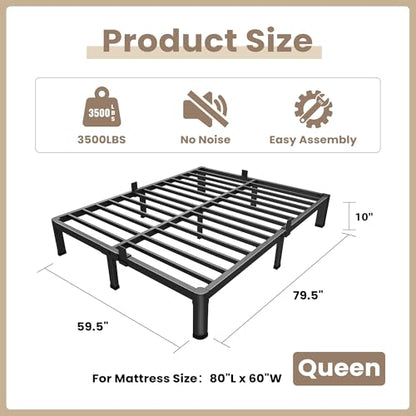 ROIL 10 Inch Queen Bed Frame with Rounded Corner & 4 Mattress Baffles | Easy Assembly, Noise Free, 3500LBS Load Capacity, No Box Spring Needed, Heavy Duty Steel, No Box Spring Needed, Rubber Pads - size: Queen, style: 10 Inch