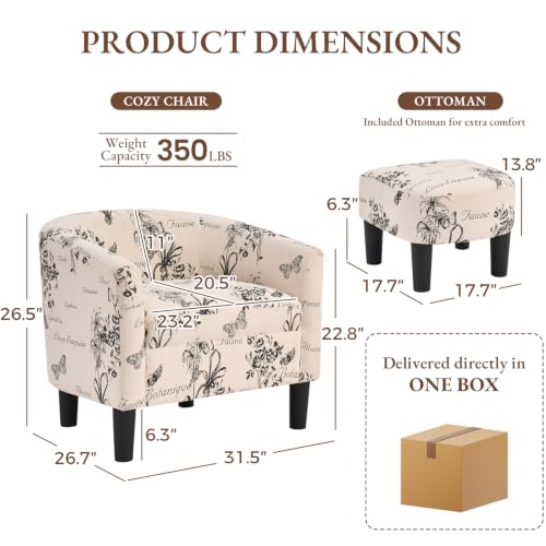 Oversized Accent Chair with Ottoman, 23.2" W Oversized Club Chair with Ottoman Set, Comfy Fabric Barrel Reading Chairs for Living Room Bedroom, Round Reading Chair with Foot Rest, Flower Pattern - color: Flower Pattern, size: Large