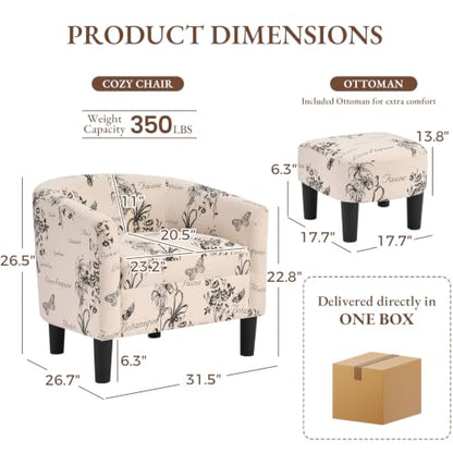 Oversized Accent Chair with Ottoman, 23.2" W Oversized Club Chair with Ottoman Set, Comfy Fabric Barrel Reading Chairs for Living Room Bedroom, Round Reading Chair with Foot Rest, Flower Pattern - color: Flower Pattern, size: Large