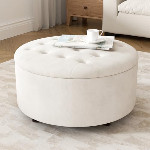 30 Inch Round Storage Ottoman,Modern Tufted Ottomans,Circular Coffee Table with Removable Top,Upholstered Large Ottoman with Storage Footrest Stool for Bedroom Living Room (White) - color: White, size: 30"D x 30"W x 16.9"H