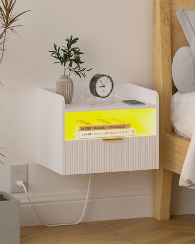 Veegle White Floating Nightstand with Charging Station and LED Lights (White) - color: White