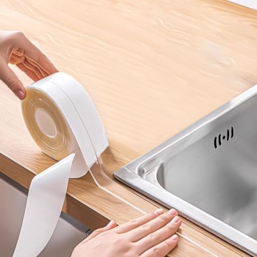 2 Rolls Caulk Tape Self Adhesive, Clear Waterproof Caulking Sealing Tape Peel and Stick for Bathroom Toilet Sink Kitchen Countertop Cabinet Baseboard Trim Wall Floor Tile Grout Glue, Transparent - style: Clear
