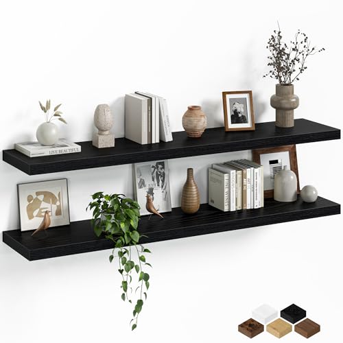 Fun Memories Floating Shelves for Wall, 48 Inch Long Set of 2 Rustic Wood Wall Shelves with Invisible Brackets, Heavy Duty Storage Display for Living Room Bedroom Kitchen, Black - color: Black, size: 48"W x 8"D, Set of 2