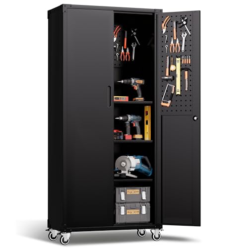Rolling Tool Cabinet with Pegboard, 71" Tool Cabinets with 3 Adjustable Shelves for Garage, Tool Room, Assembly Required(Black) - color: Black, size: 71''H-2 Doors & Pegboard