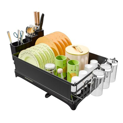 Simple Trending Dish Drying Rack for Kitchen Counter, 12" D x 16" W, Black | Stainless Steel Dish Rack for Kitchen Counter, Dish Drainer with Cutlery & Cup Holders, Anti-Rust, Counter Space Saving - size: 11.7"D x 16.5"W x 6"H