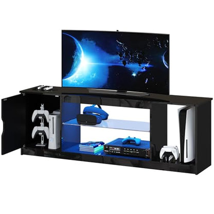 Bestier 57" Gloss Black Media Console - Gaming TV Stand for 65 Inch TV, Entertainment Center for PS5/Xbox Series X, Modern Home Theater Design, Adjustable Glass Shelves - color: Glossy Black