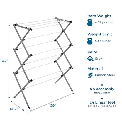 Honey-Can-Do 6-Tier Collapsible Steel Clothes Drying Rack, 24 ft, White | 6-tier steel rack with 24 ft of drying space folds flat to 3 in. Coated bars are gentle on delicates; 50 lb capacity. - color: White / Siver, size: 29" W