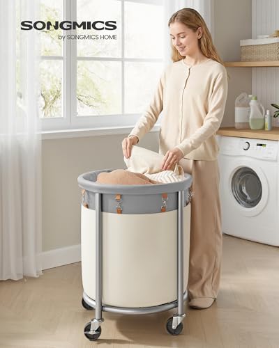 SONGMICS Laundry Basket, Rolling Steel Frame with 2 Locking Wheels, 110 L | Heavy-Duty Laundry Hamper Cart with Removable Bag, Dove Gray and Cream White, URLS002GD02 - color: Dove Gray + Cream White, size: 110 L (1-Section)