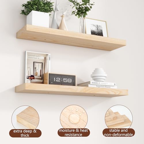 fuqing 30 Inch Floating Shelves 6.7'' Deep Natural Wood Shelves Set of 2 | 30'' x 6.7'' x 1.4'' Natural Wood Shelves for Bathroom Living Room, 40LBS, Lightweight, Hardware Included, Waterproof Finish - color: Natural, size: 30 Inch