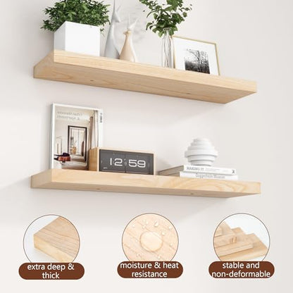 fuqing 30 Inch Floating Shelves 6.7'' Deep Natural Wood Shelves Set of 2 | 30'' x 6.7'' x 1.4'' Natural Wood Shelves for Bathroom Living Room, 40LBS, Lightweight, Hardware Included, Waterproof Finish - color: Natural, size: 30 Inch