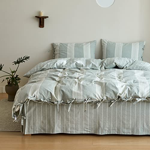 BISELINA Striped Duvet Cover Set 3pcs 100% Washed Cotton Linen Like Textured with Bowknot Bow Ties Strap Reversible Breathable Soft Comfy Chic Yarn Dyed Bedding (Queen, Grayish Green) - color: Grayish Green, size: Queen